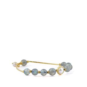 Labradorite & Kaori Cultured Pearl Gold Tone Sterling Silver Elastic Bracelet 