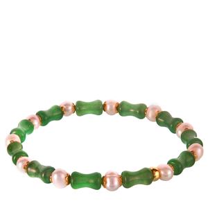 Freshwater Cultured Pearl & Green Aventurine Gold Tone Sterling Silver Stretchable Bracelet 