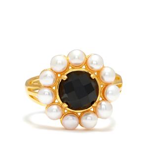 Freshwater Cultured Pearl & Black Agate Gold Tone Sterling Silver Ring 