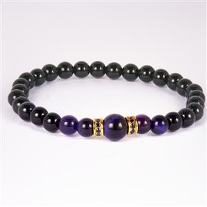 Black Agate, Purple Tiger's Eye & Black Spinel Gold Tone Stretchable Bracelet ATGW 52cts 