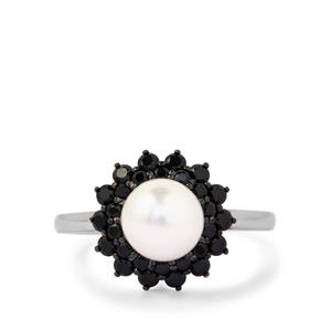 Freshwater Cultured Pearl & Black Spinel Sterling Silver Ring 