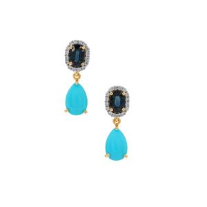 Sleeping Beauty Turquoise, Australian Blue Sapphire & White Zircon 9K Gold Earrings ATGW 3.95cts
