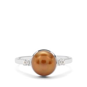 Chocolate Cultured Pearl & White Zircon Sterling Silver Ring (8mm)