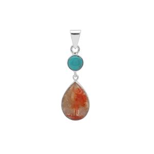 Red Horn Coral Pendant with Lhasa Turquoise in Sterling Silver 10cts