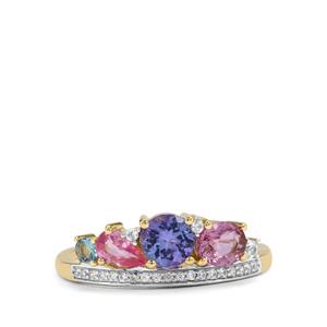 Tanzanite, Santa Maria Aquamarine, Pink Sapphire & White Zircon 9K Gold Ring ATGW 1.45cts