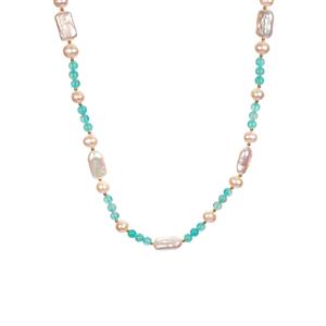 Amazonite & Kaori Cultured Pearl Gold Tone Sterling Silver Necklace (F)