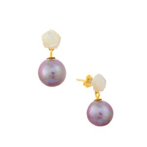 Naturally Coloured Purple Freshwater Cultured Pearl & White Shell Gold Tone Sterling Silver Earrings 