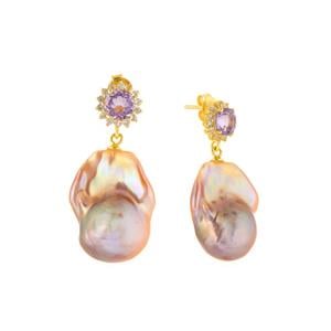 Purple Freshwater Baroque Pearl Earrings With Amethyst & Topaz (1 Pair) (13x18mm)