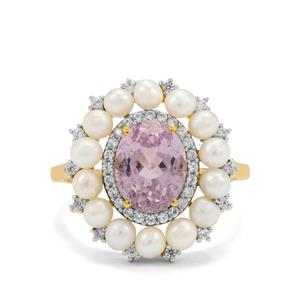 Minas Gerais Natural Kunzite, Kaori Cultured Pearl & White Zircon 9K Gold Tomas Rae Ring (3mm)