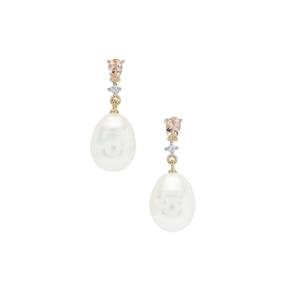 South Sea Cultured Pearl, Pink Morganite & White Zircon 9K Gold Earrings (10MM)