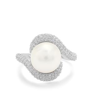 South Sea Cultured Pearl & White Zircon Sterling Silver Ring (10mm)
