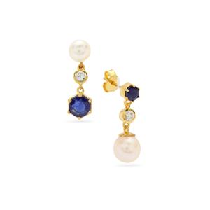 Madagascan Blue Sapphire, White Zircon & Kaori Cultured Pearl Midas Earrings (6 to 8mm) (F)