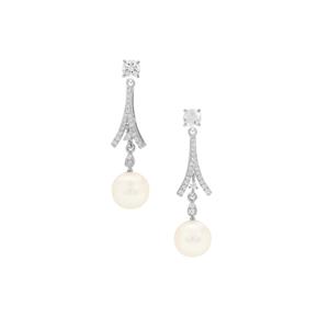 Kaori Cultured Pearl , White Topaz & White Zircon Platinum Plated Sterling Silver Earrings 