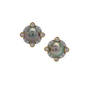 Tahitian Cultured Pearl & White Zircon 9K Gold Earrings (8MM)