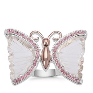 Optic Quartz Butterfly Ring with Pink Tourmaline in Two Tone Sterling Silver 7.55cts