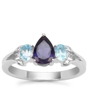 Bengal Iolite, Swiss Blue Topaz Ring with White Zircon in Sterling Silver 1.20cts