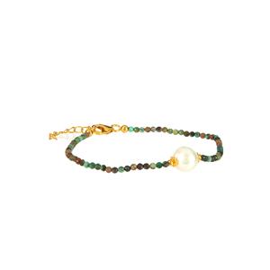 Turquoise & Freshwater Cultured Pearl Gold Tone Sterling Silver Bracelet 
