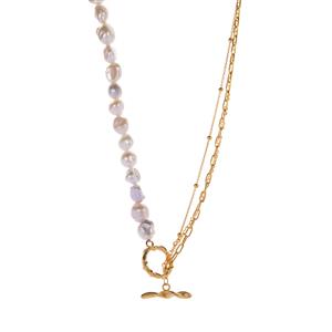 Baroque Cultured Pearl Gold Tone Sterling Silver T Bar Clasp Necklace (7mm x 6mm)