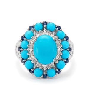 Sleeping Beauty Turquoise, Thai Sapphire & White Zircon Sterling Silver Ring ATGW 4.45cts