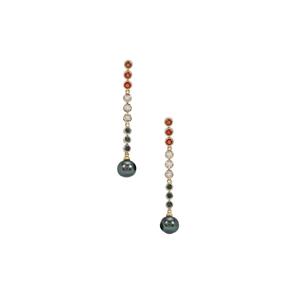 Tahitian Cultured Pearl, Songea Red, Australian Blue Sapphire & Mozambique Morganite 9K Gold Earrings (8mm)
