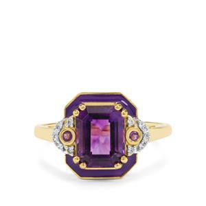 Moroccan, Bahia Amethyst & White Zircon 9K Gold Ring With Enameling ATGW 2.35cts