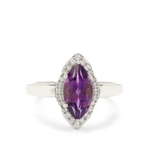 Amethyst & White Zircon Platinum Plated Sterling Silver Ring ATGW 2cts