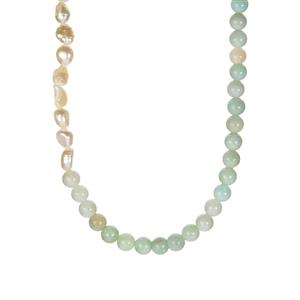 Elegance Amazonite & Kaori Cultured Pearl Sterling Silver T Bar Necklace 
