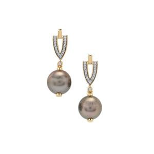 Tahitian Cultured Pearl & White Zircon 9K Gold Earrings (11mm)