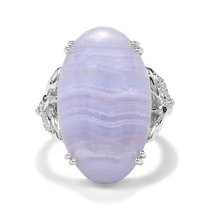 Blue Lace Agate, White Zircon & Blue Diamond Sterling Silver Ring ATGW 17.76cts
