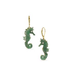 Lehrer Sea Horse Carvings Natural Green Chalcedony & White Zircon 9K Gold Earrings ATGW 11.65cts