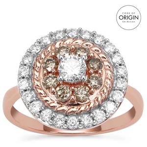 9K Rose Gold Ring with De Beers Code of Origin Diamond, Champagne Diamonds & White Diamonds 1ct