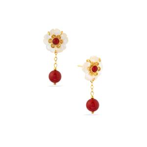 Brazilian Red Agate & Mother of Pearl Gold Tone Sterling Silver Earrings