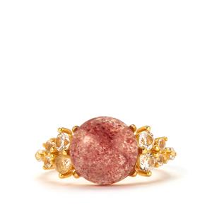 Strawberry Quartz & White Topaz Gold Tone Sterling Silver Ring ATGW 4.14cts