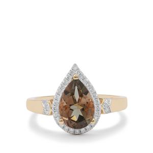 Oregon Teal Sunstone Ring with Diamond in 18K Gold 1.90cts