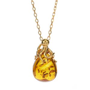 Baltic Cognac Amber Gold Tone Sterling Silver Octopus Necklace (16x13mm)