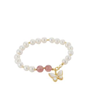 Freshwater Cultured Pearl, Strawberry Quartz & Mother of Pearl Gold Tone Sterling Silver Butterfly Bracelet (7.50x8.50mm)