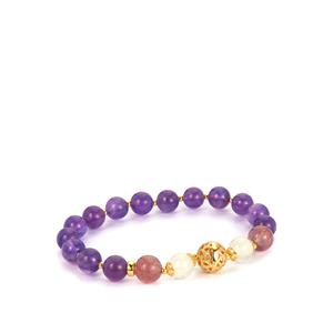 'The Legacy of Brazil' Amethyst, Strawberry Quartz & White Onyx Gold Tone Sterling Silver Stretchable Bracelet ATGW 65cts