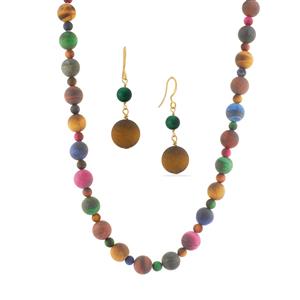 353cts Multi-Colour Tiger's Eye Gold Tone Sterling Silver Set of Necklace and Earrings
