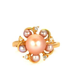 Naturally Papaya Cultured Pearl & White Topaz Gold Tone Sterling Silver Ring 
