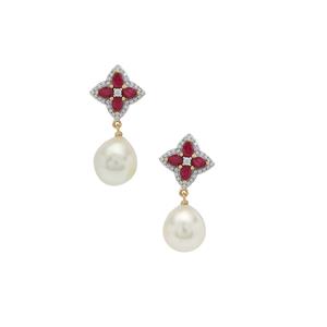 South Sea Cultured Pearl, Malagasy Ruby & White Zircon 9K Gold Earrings (12mm)