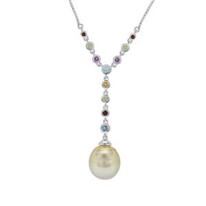 Golden South Sea Cultured Pearl & Multi Color Gemstone Sterling Silver Necklace (12mm)
