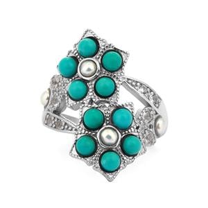 Hubei Natural Turquoise, White Topaz & Kaori Cultured Pearl Sterling Silver Ring 