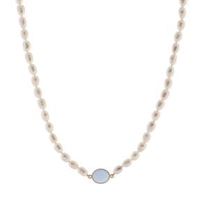 Freshwater Cultured Pearl & Blue Chalcedony Gold Tone Sterling Silver Necklace