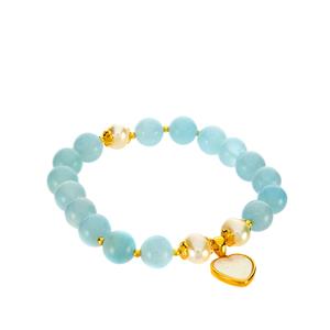 Aquamarine & Mother of Pearl, Freshwater Cultured Pearl Gold Tone Sterling Silver Stretchable Bracelet
