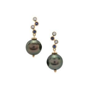 Tahitian Cultured Pearl, Blue Sapphire & White Zircon 9K Gold Earrings (11MM)