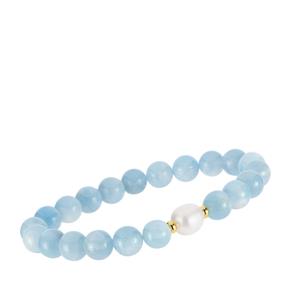 Aquamarine & Freshwater Cultured Pearl Stretchable Bracelet in Gold Tone Sterling Silver 