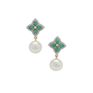 South Sea Cultured Pearl, Zambian Emerald & White Zircon 9K Gold Earrings (10mm)