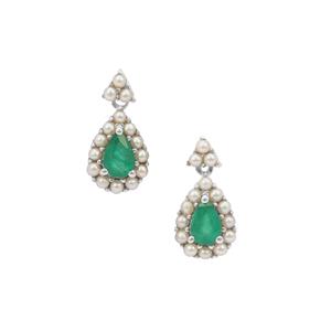 Zambian Emerald Earrings with Kaori Cultured Pearl in Sterling Silver