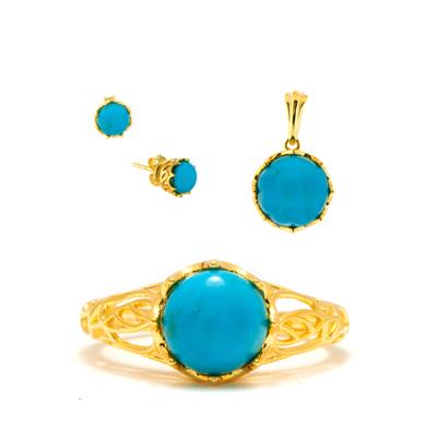 Hubei Turquoise Set of Pendant, Ring Earrings in Gold Tone