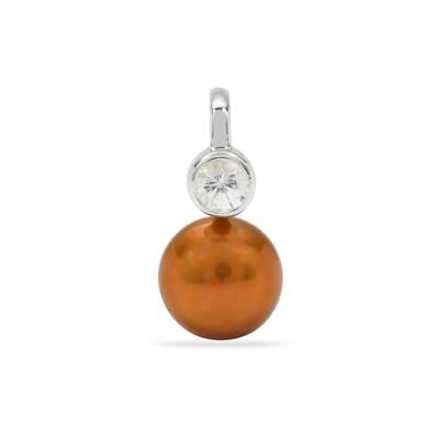 Golden Caramel Pearl Pendant with White Zircon in Sterling Silver (8mm)
